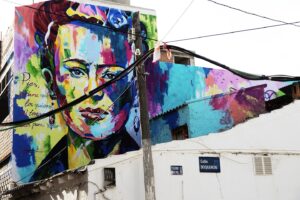Un dia caminando por la barriada de El Palo de Málaga me llamó la atención este graffiti. Armonía y belleza derramándose por la calle. No dudé un instante en hacerle una foto porque..., con el paso del tiempo se deteriorá y acabará desapareciendo. Desconozco su autor.
Reprodujo la frase: “Pies para qué los quiero si tengo alas para volar”  de la pintora mexicana Frida Kahlo.